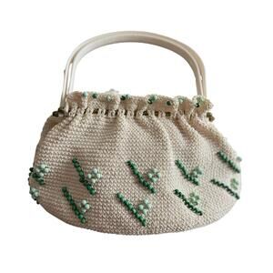 Crocheted Vintage Purse Handbag Circa 1940s Ivory Satchel Plastic Handles